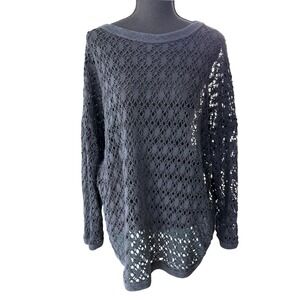Womens Crochet Open Knit Sweater Washed Black Long Sleeve Layering Top XL Beach